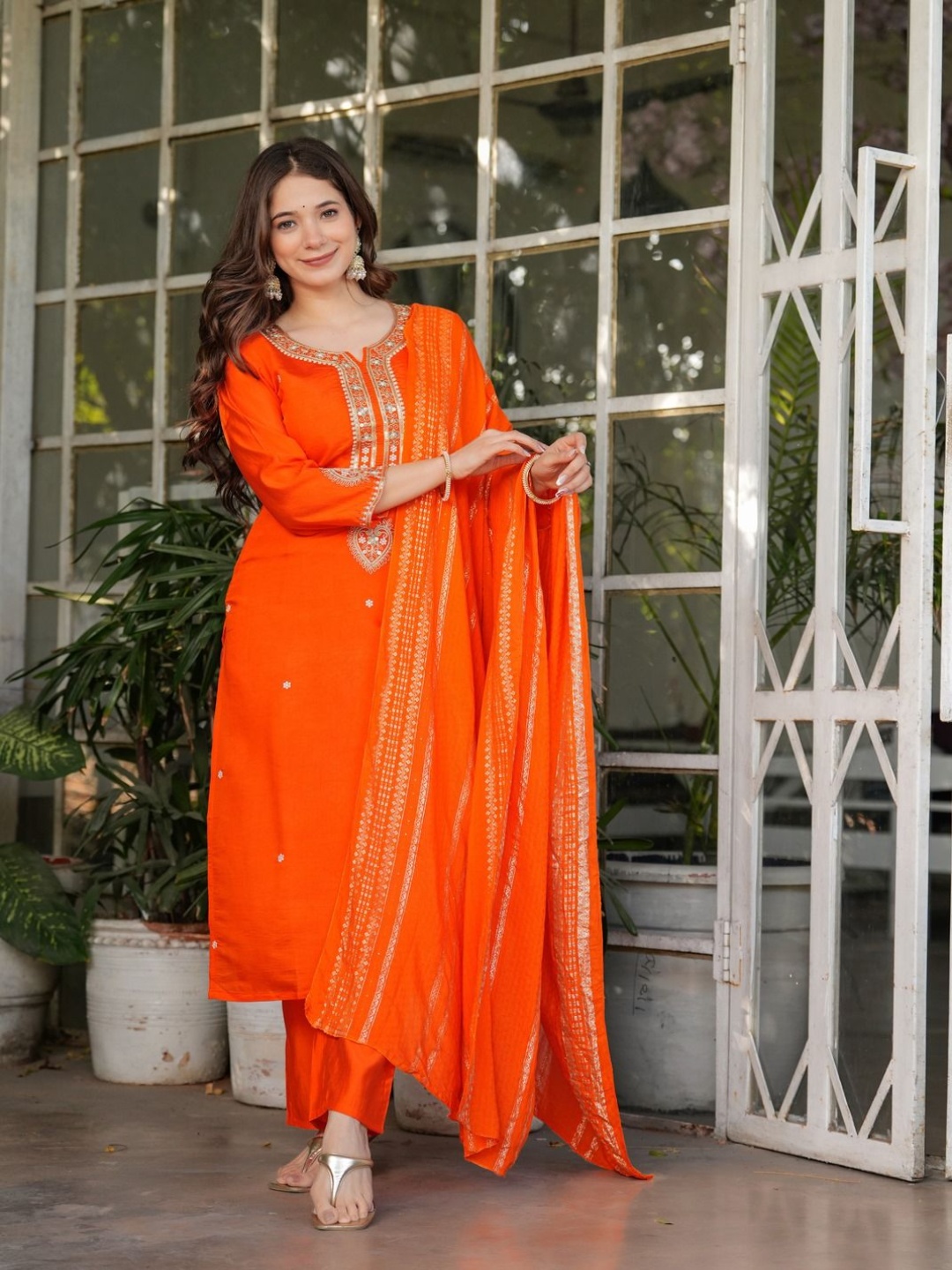 

KALINI Ethnic Motifs Embroidered Notch Neck Zari Straight Kurta With Trouser & Dupatta, Orange