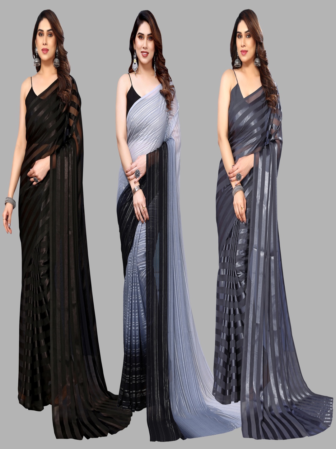 

ANAND SAREES Striped Satin Saree, Black