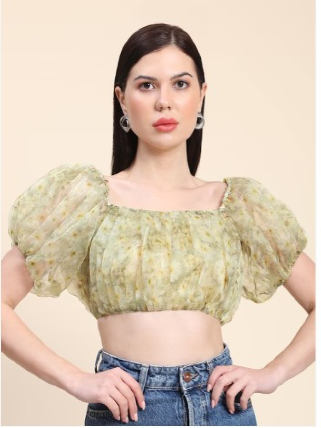 

Rujave Abstract Printed Puff Sleeve Blouson Crop Top, Green