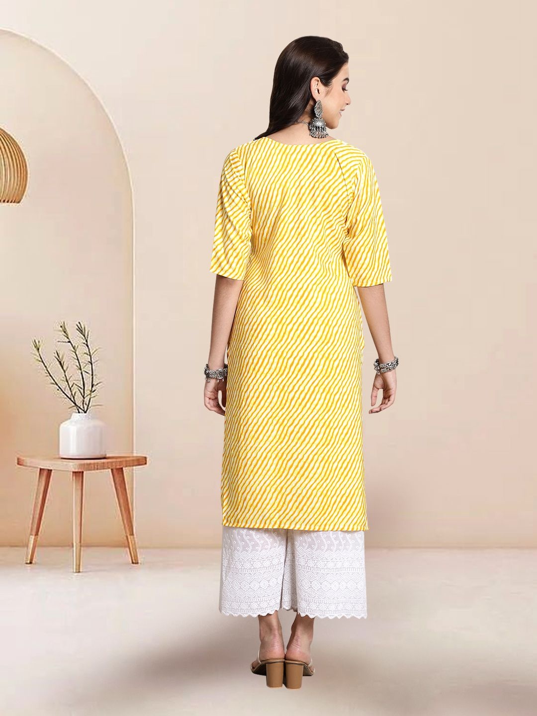 

7Threads Selection of 5 Leheriya Printed Round Neck Straight Kurtas, Yellow