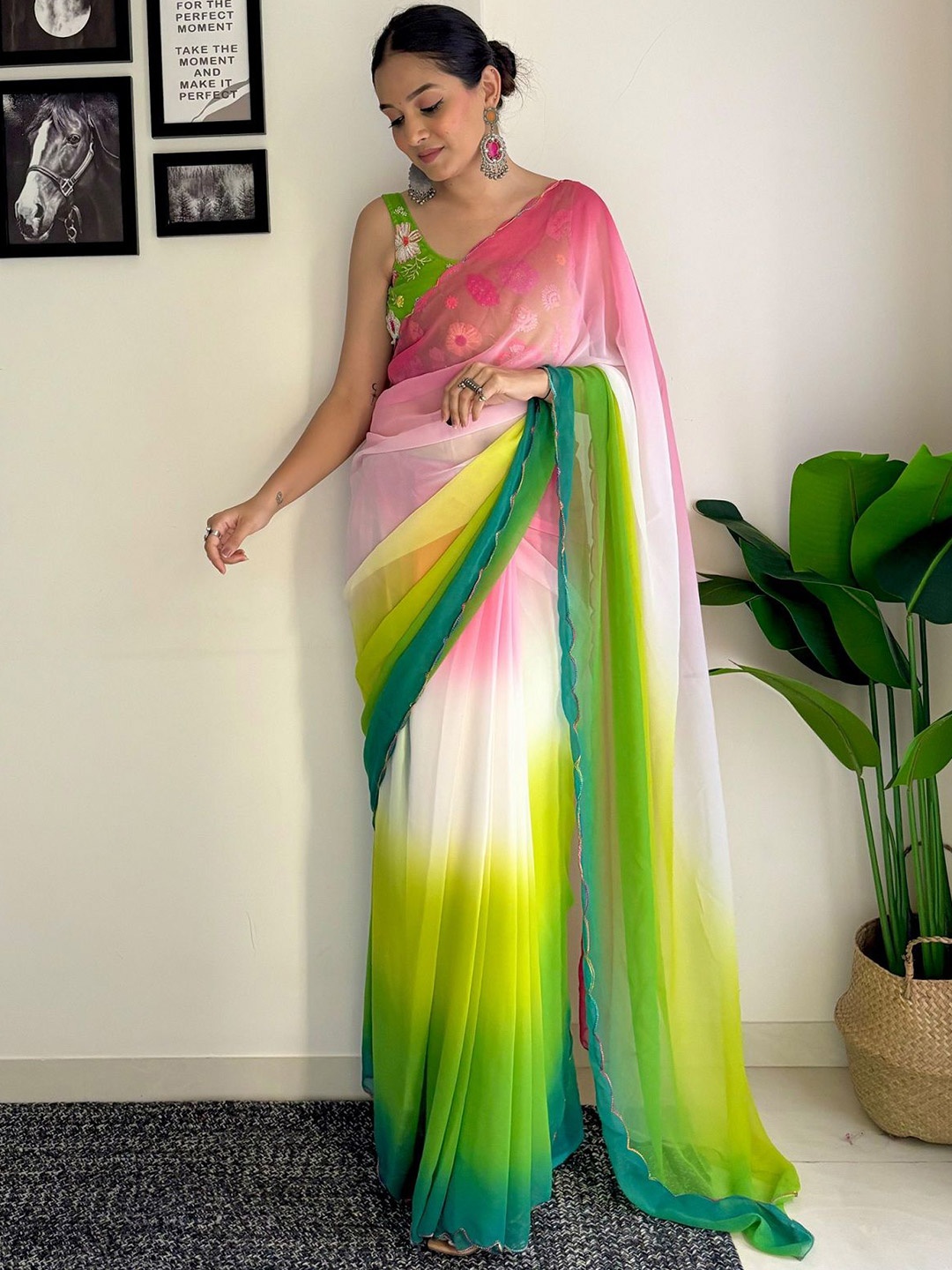 

A TO Z CART Ombre Beads and Stones Pure Georgette Saree, Green