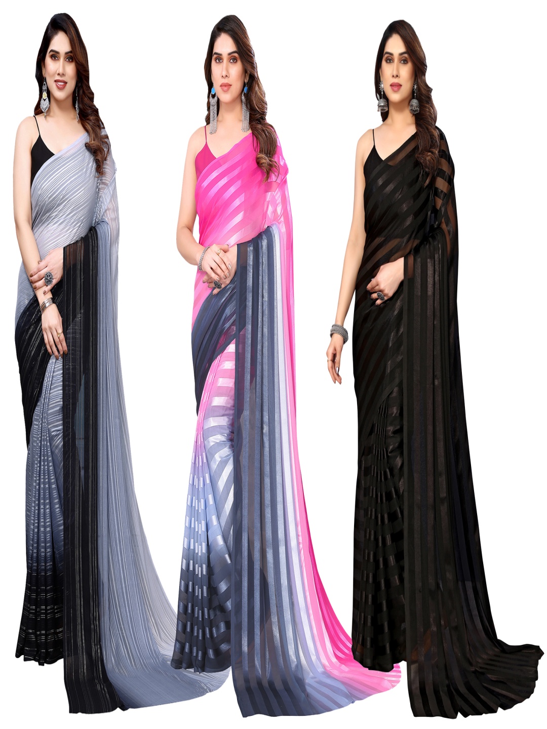 

ANAND SAREES Striped Satin Saree, Black