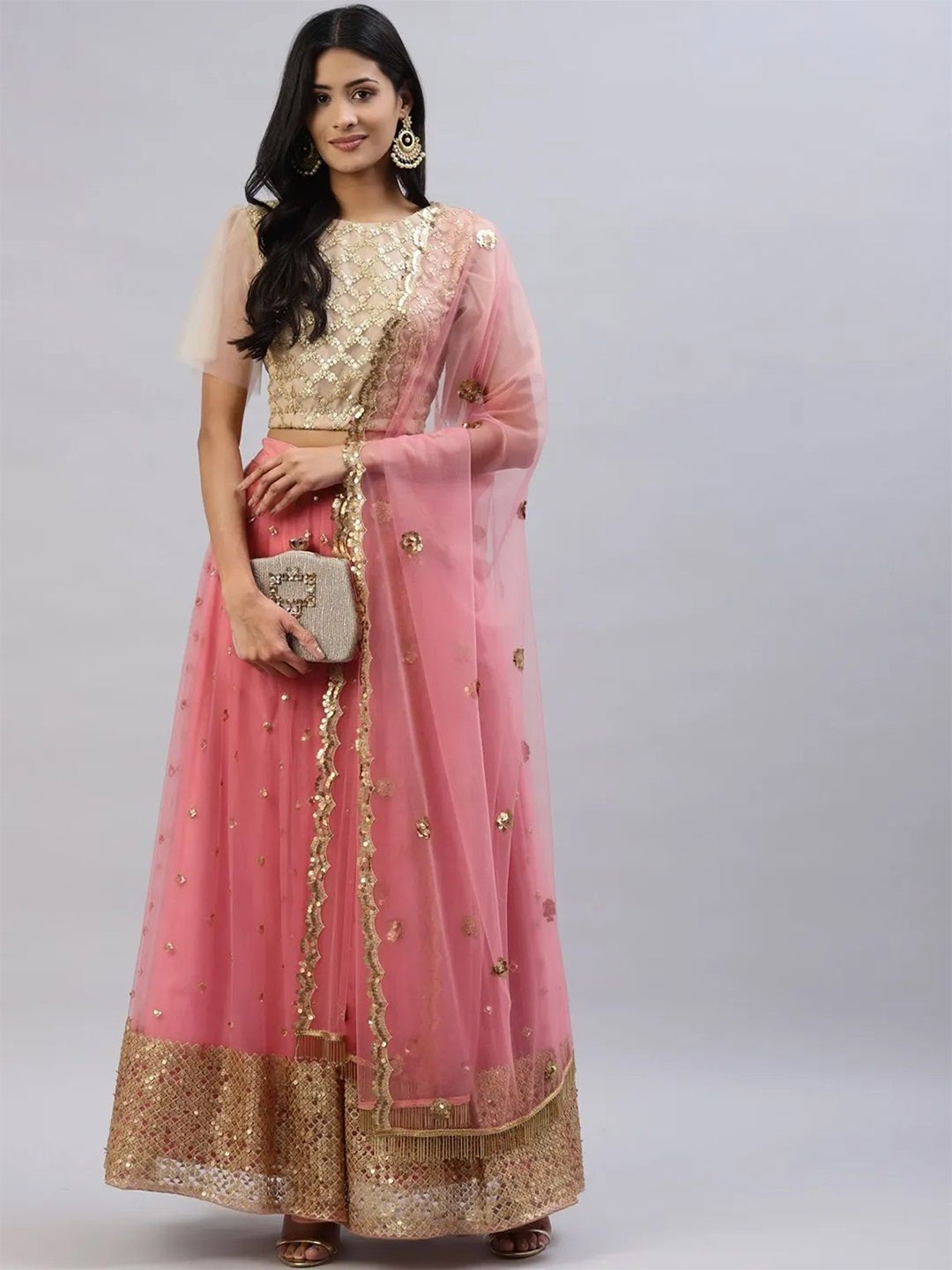 

DIVINE EXIM Embroidered Sequinned Semi-Stitched Lehenga & Unstitched Blouse With Dupatta, Peach