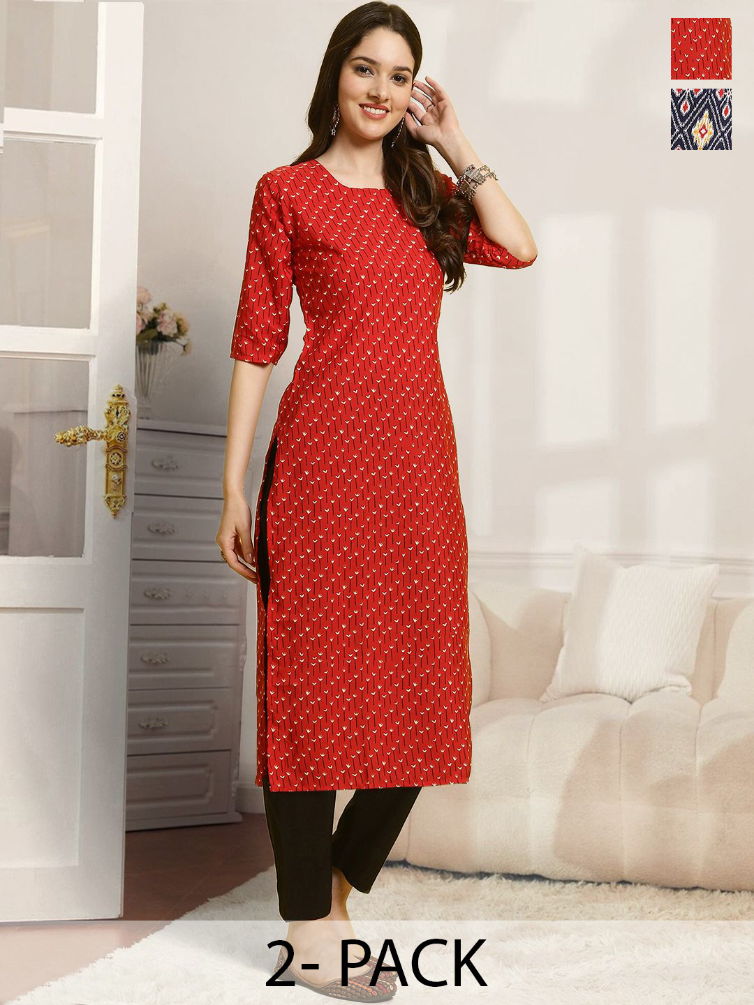 

7Threads Selection Of 2 Floral Printed Round Neck Straight Kurta With Trousers, Red