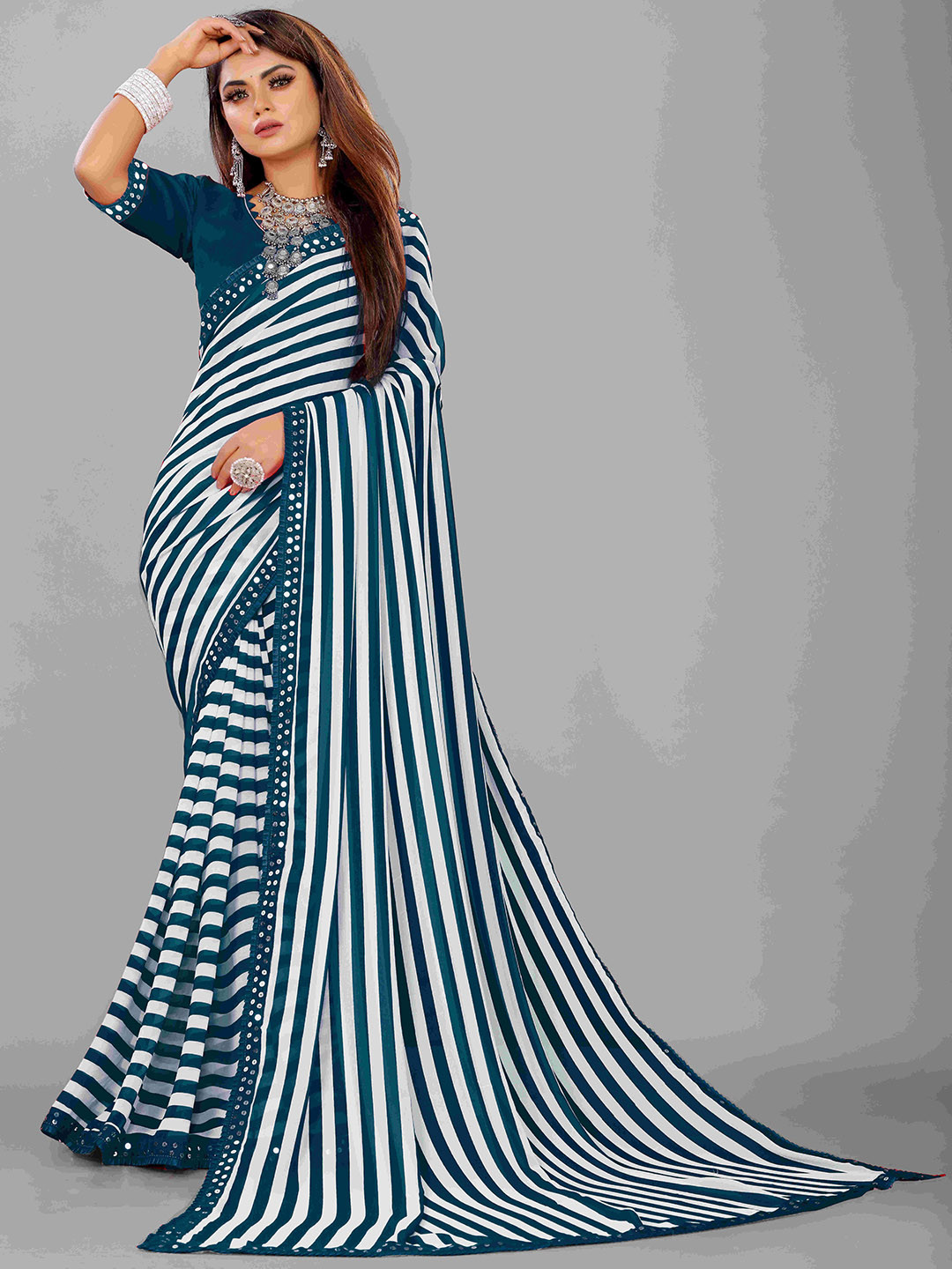 

Flip The Style Sequinned Leheriya Pure Georgette Saree, Blue