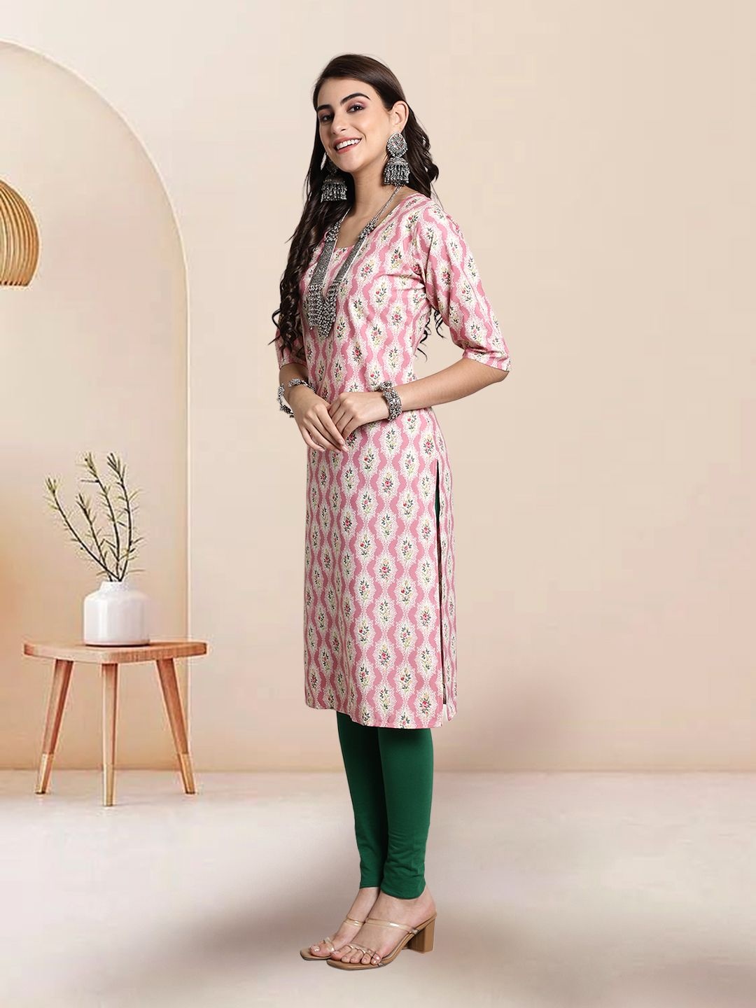 

7Threads Selection Of 3 Ethnic Motifs Printed Round Neck Kurtas, Pink