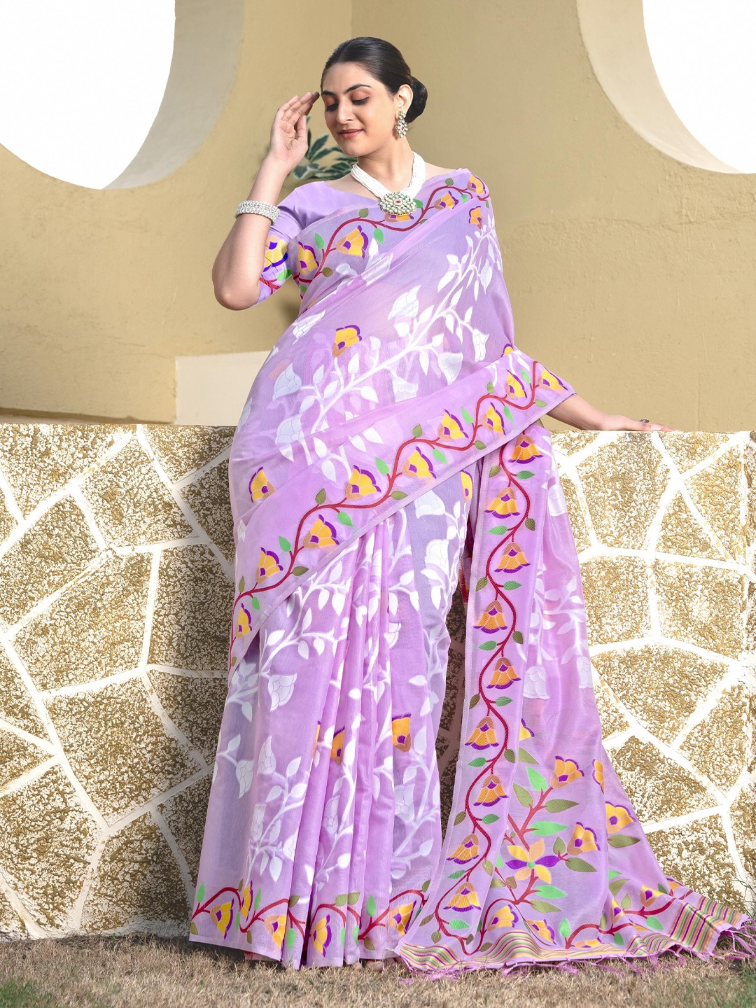 

ALAGINI Floral Gotta Patti Silk Cotton Saree, Lavender