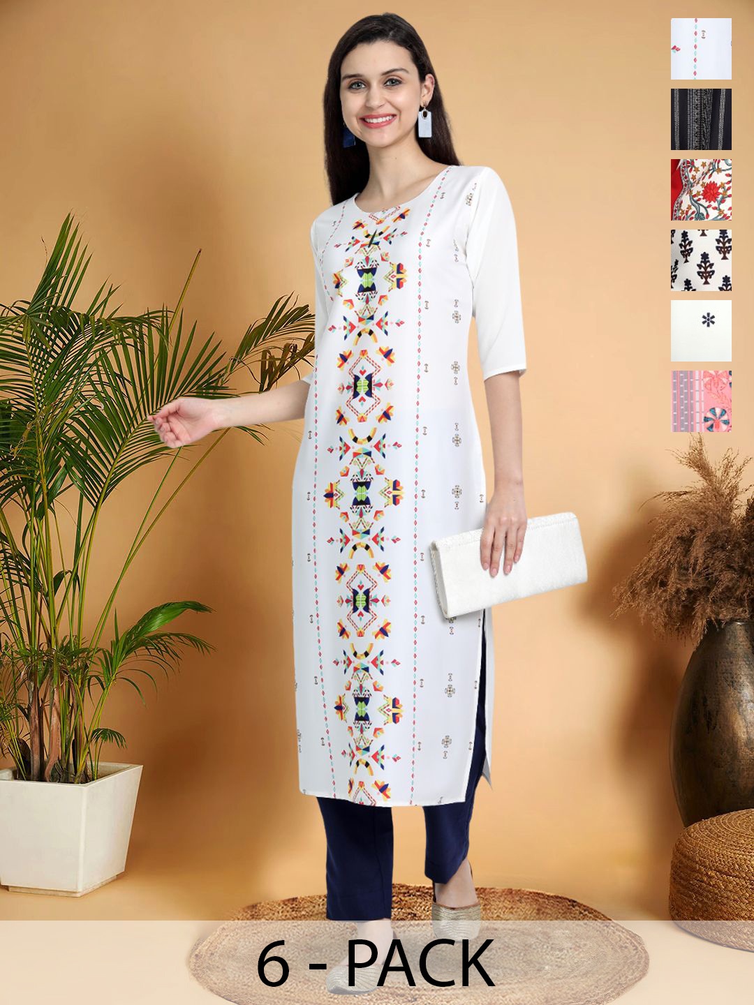

7Threads Selection Of 6 Geometric Printed Round Neck Straight Kurtas, White