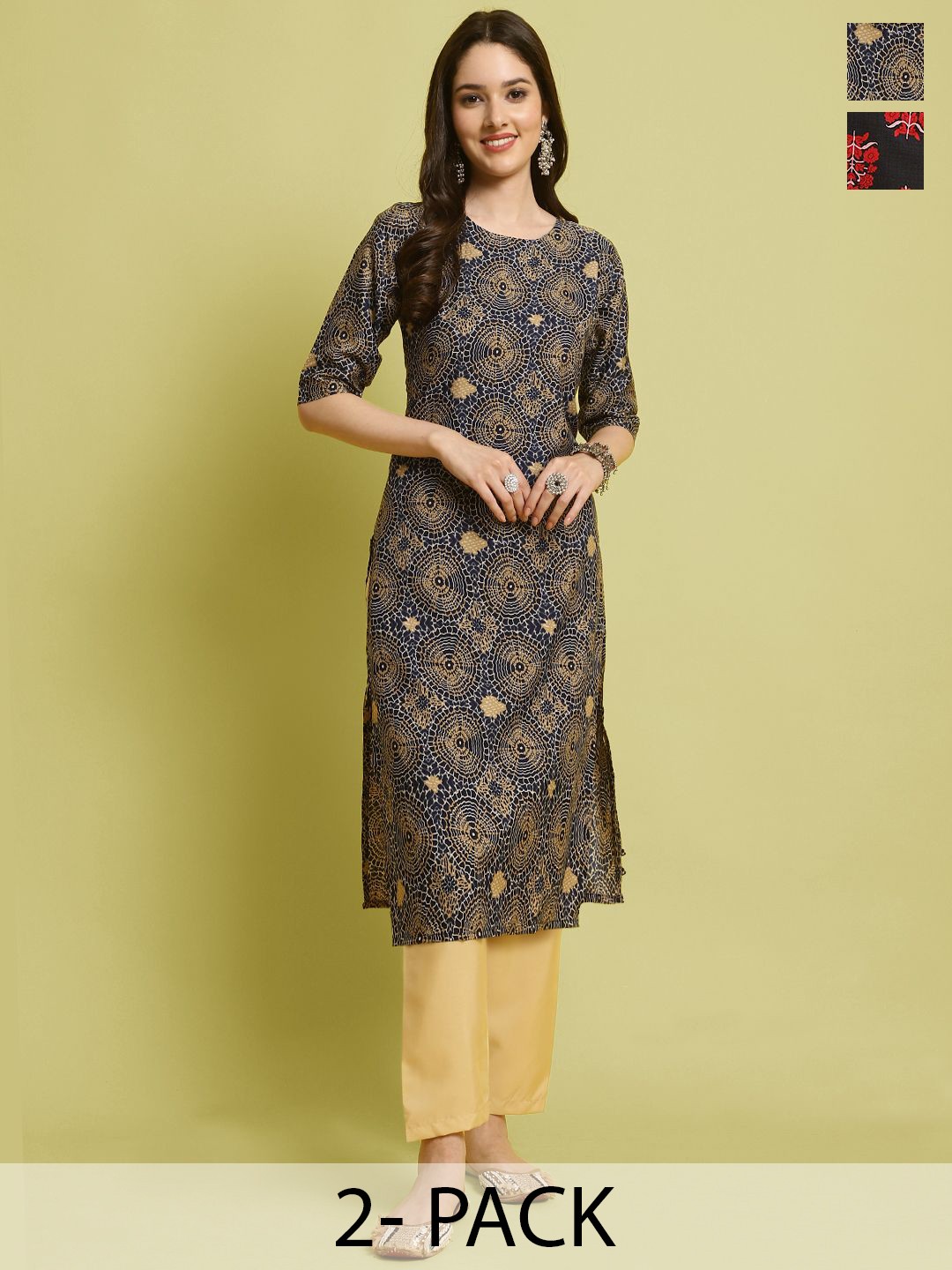 

7Threads Selection Of 2 Geometric Printed Round Neck Straight Kurtas With Trousers, Navy blue