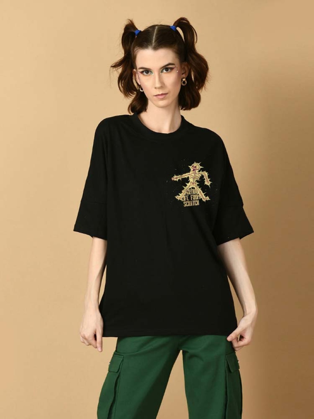 

OFFMINT Drop-Shoulder Sleeves Cotton Longline Oversized T-shirt, Black