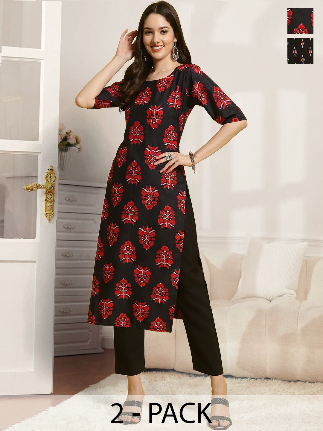 

7Threads Selection Of 2 Ethnic Motifs Printed Round Neck Straight Kurtas With Trousers, Black