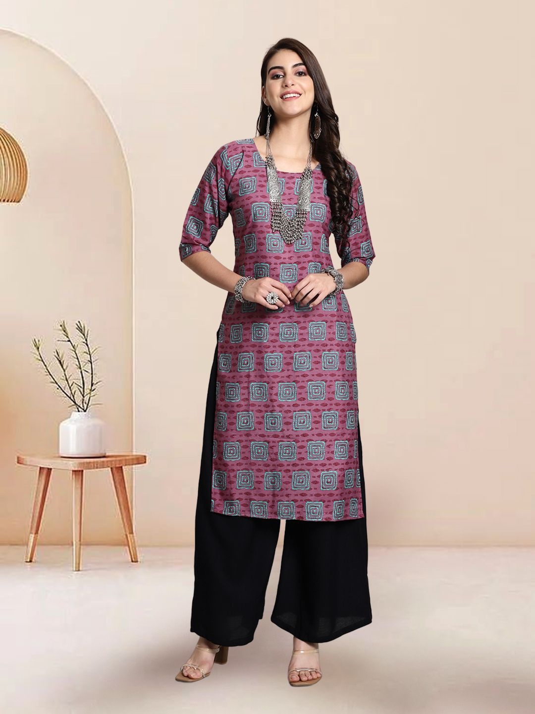 

7Threads Selection Of 6 Geometric Printed Round Neck Straight Kurtas, Pink