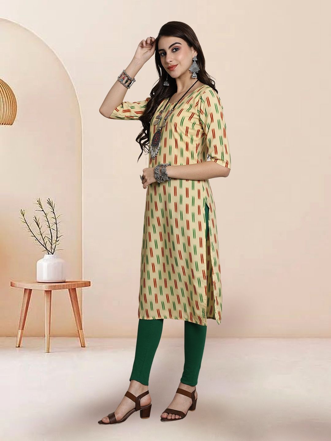 

7Threads Selection Of 2 Geometric Printed Round Neck Straight Kurtas, Beige