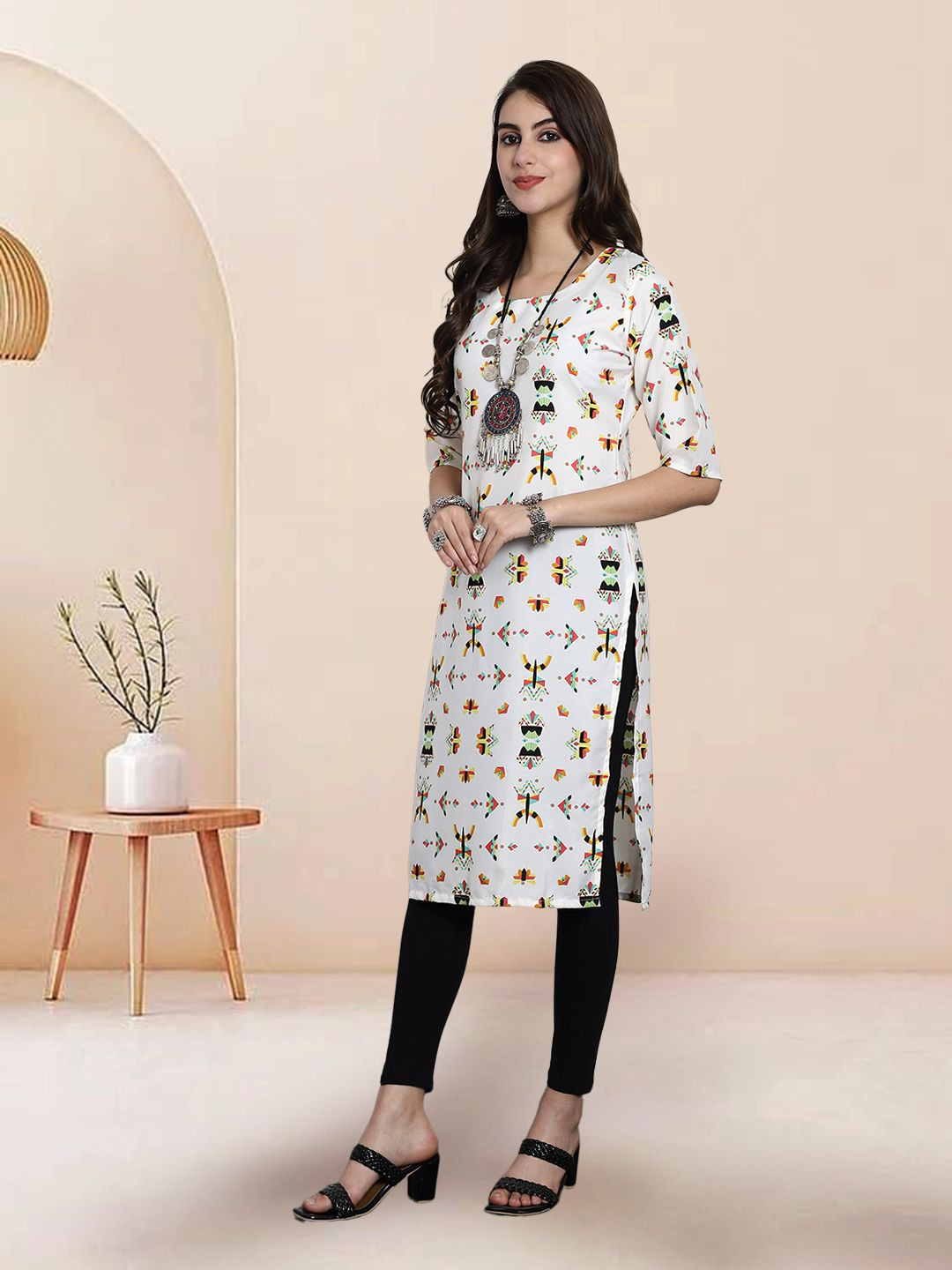 

7Threads Selection of 3 Ethnic Motifs Printed Round Neck Straight Kurtas, White