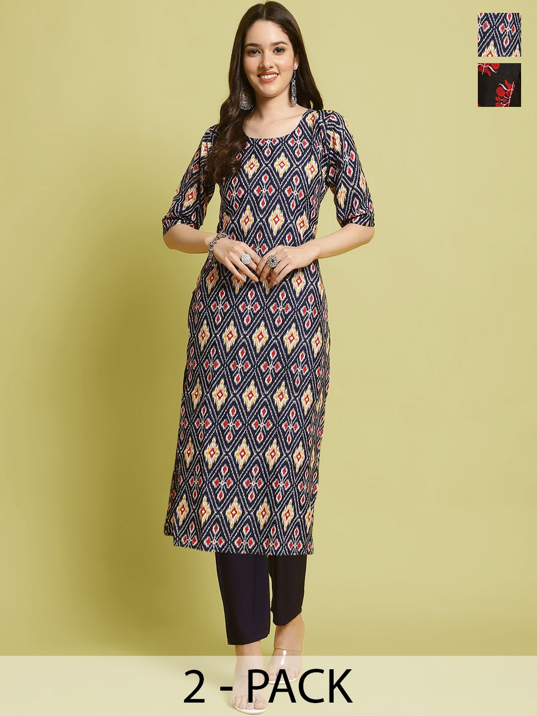 

7Threads Selection Of 2 Ethnic Motifs Printed Round Neck Straight Kurta With Trousers, Black