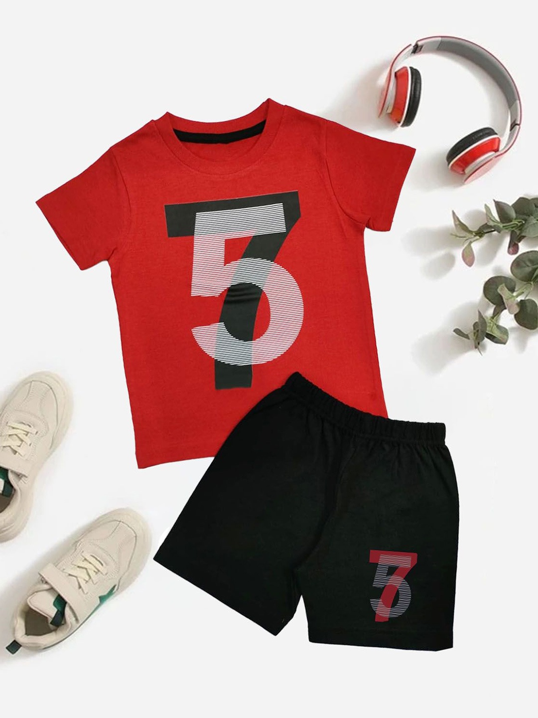 

BILLYBALL Unisex Kids Printed Round Neck Pure Cotton T-Shirt With Shorts, Red