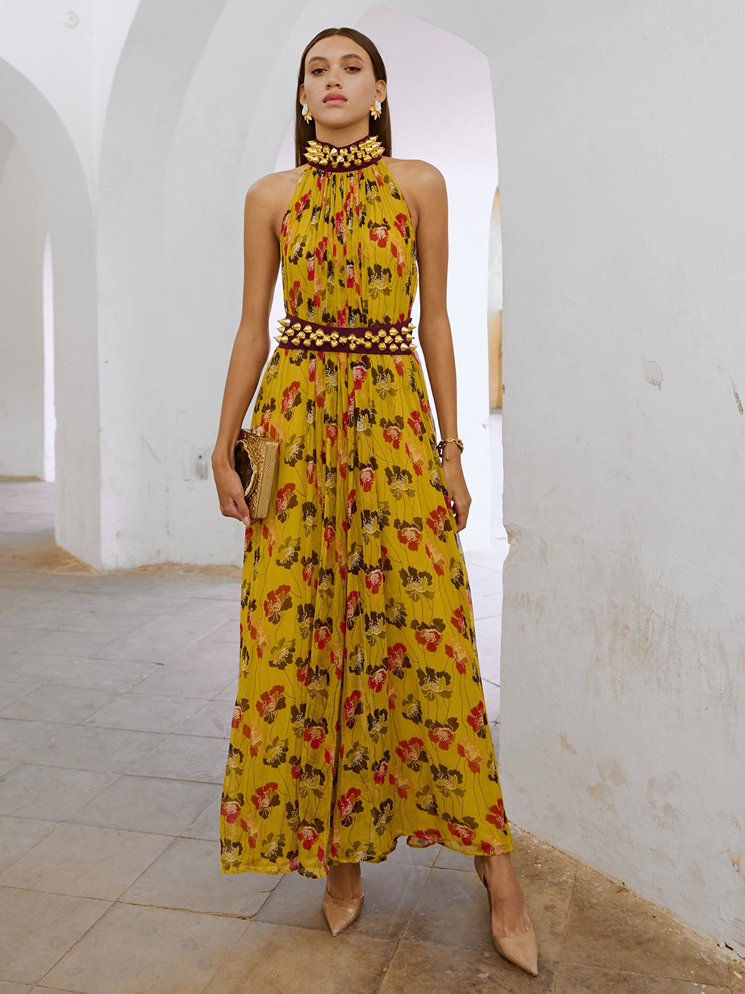 

Pallavi Jaipur Printed Sleeveless Bell Jumpsuit With Belt, Lime green