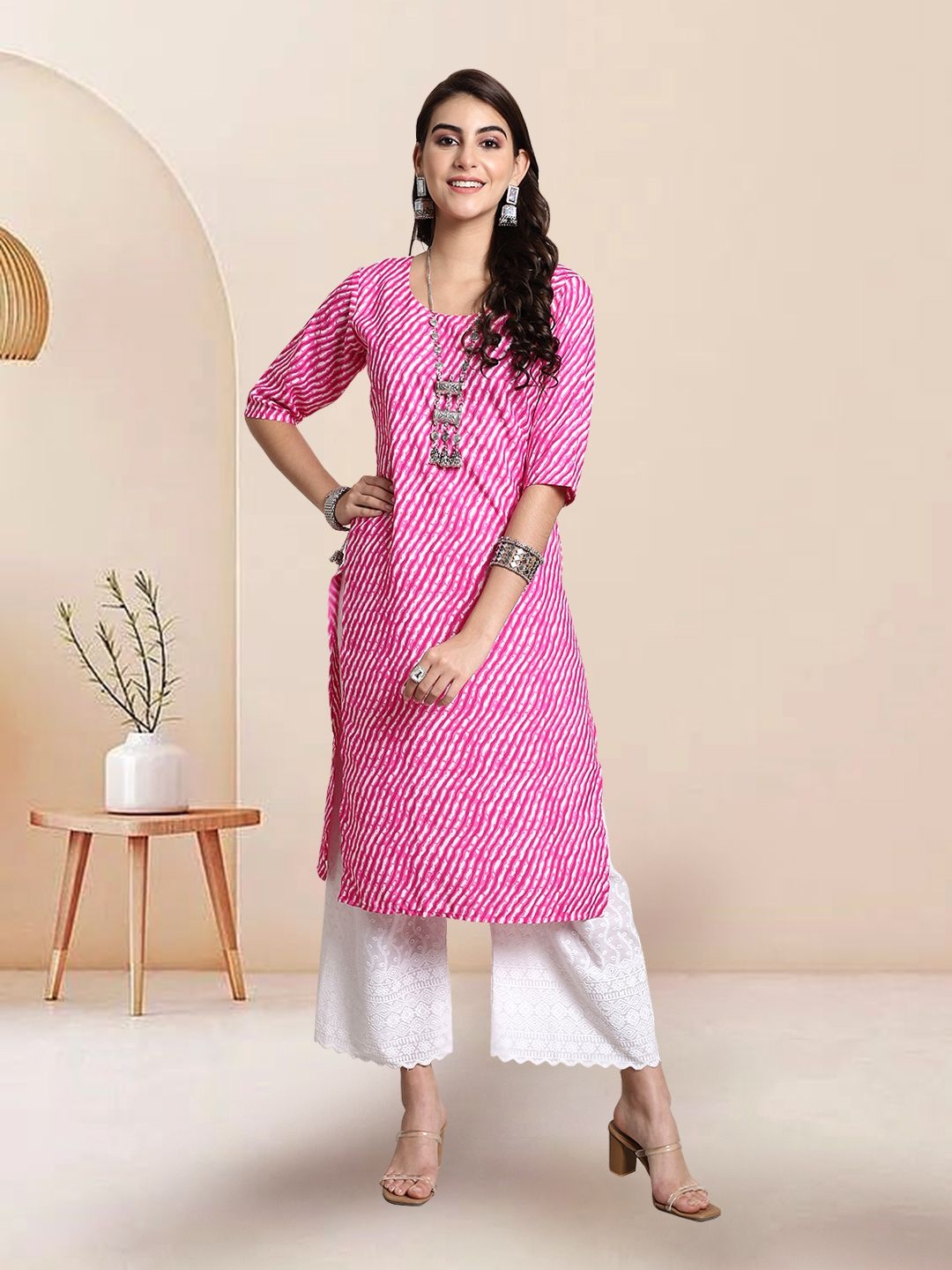 

7Threads Selection of 5 Leheriya Printed Round Neck Straight Kurtas, Pink