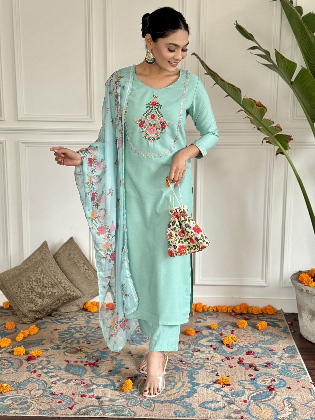 

KALINI Floral Embroidered Straight Kurta With Trousers And Dupatta, Sea green