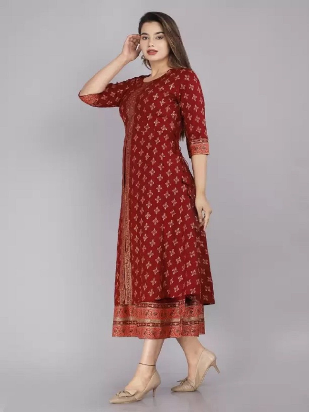 

ANNAYEMA APPARELS Floral Printed Round Neck A-Line Ethnic Dress, Red