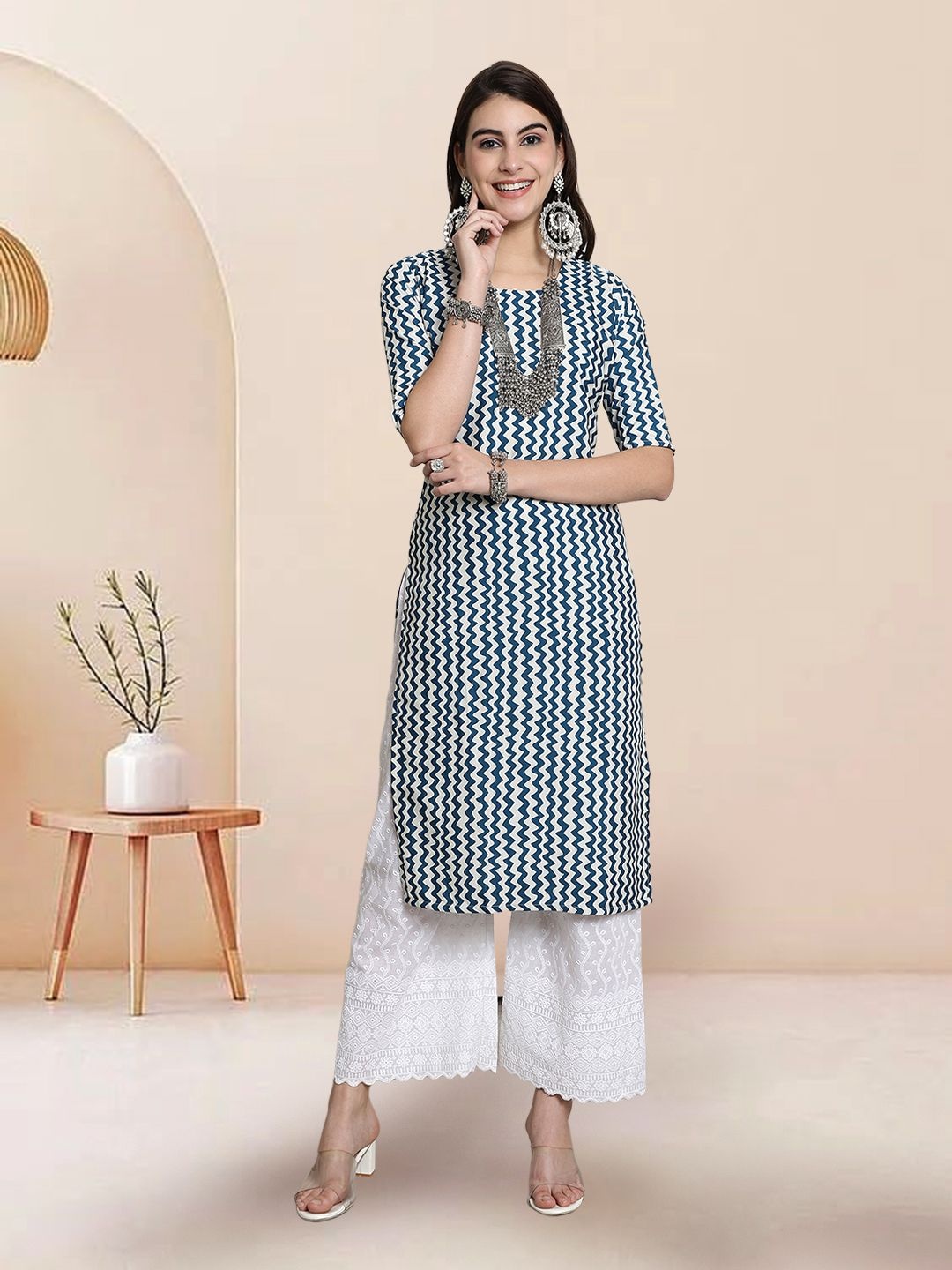 

7Threads Selection Of 6 Chevron Printed Round Neck Straight Kurtas, Blue