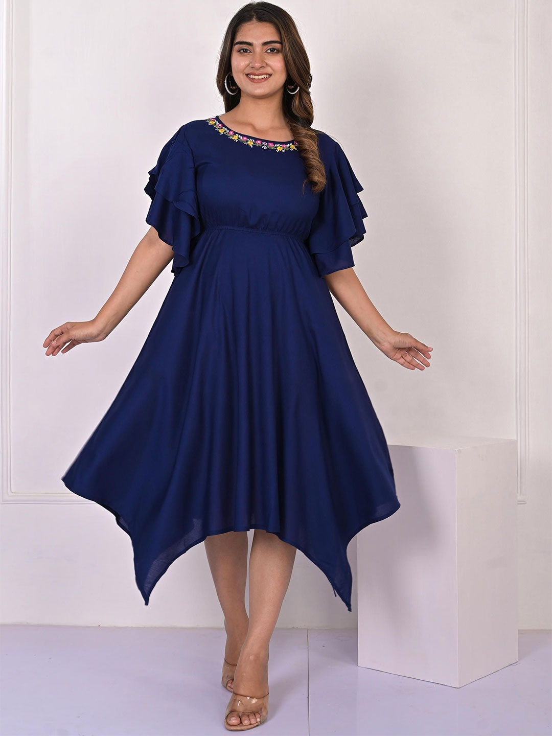 

KASHISHIYA Embroidered Puff Sleeve Fit & Flare Midi Dress, Blue