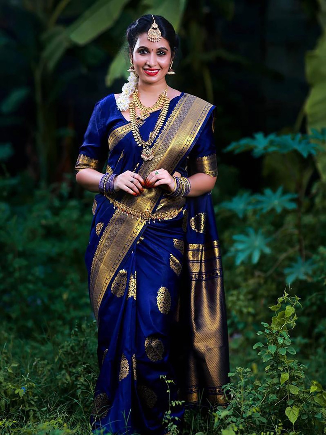 

KALINI Woven Design Zari Silk Blend Designer Kanjeevaram Saree, Blue