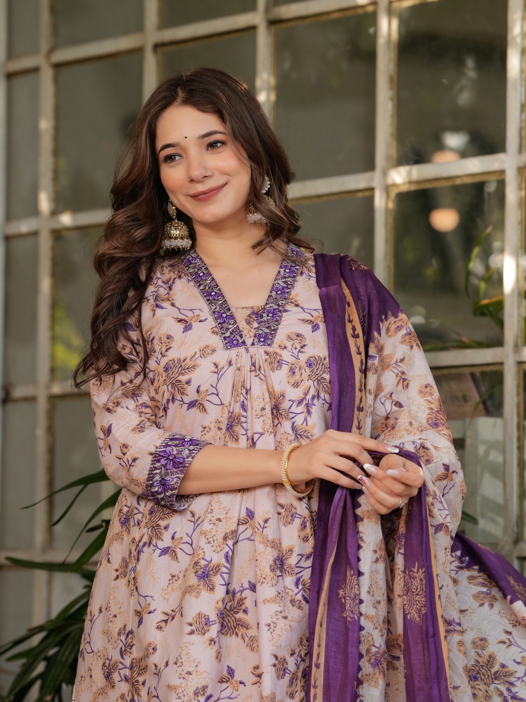

KALINI Floral Printed Thread Work Pure Cotton A-Line Kurta With Trousers And Dupatta, Purple