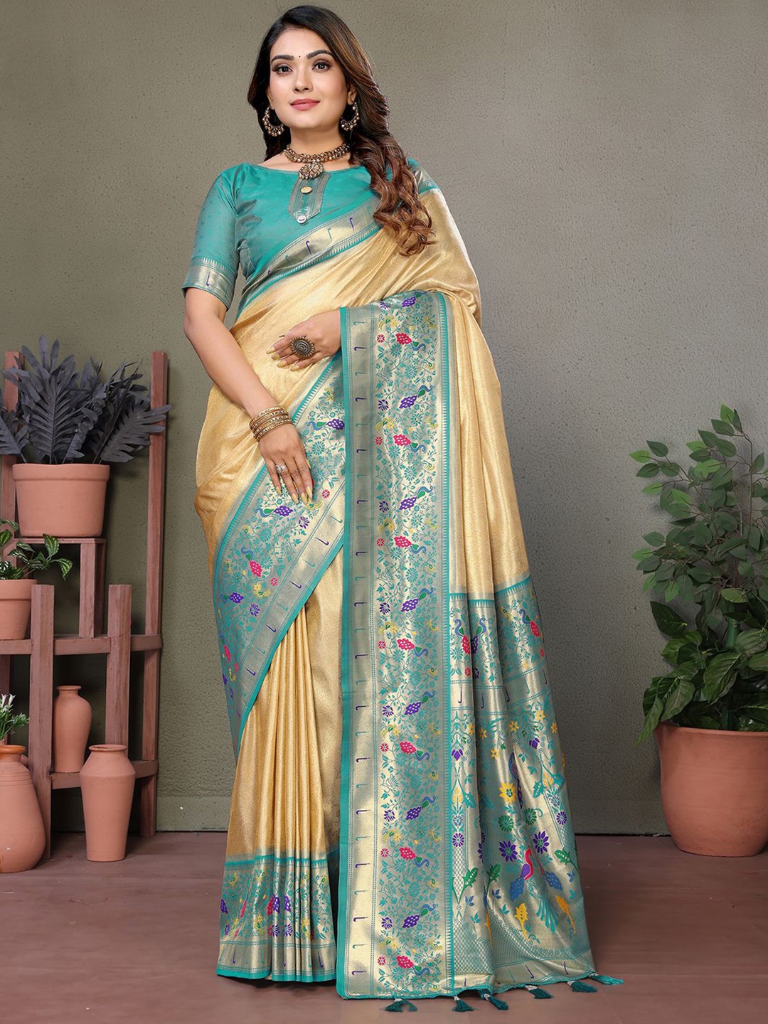 

Panzora Woven Design Zari Silk Blend Banarasi Saree, Beige