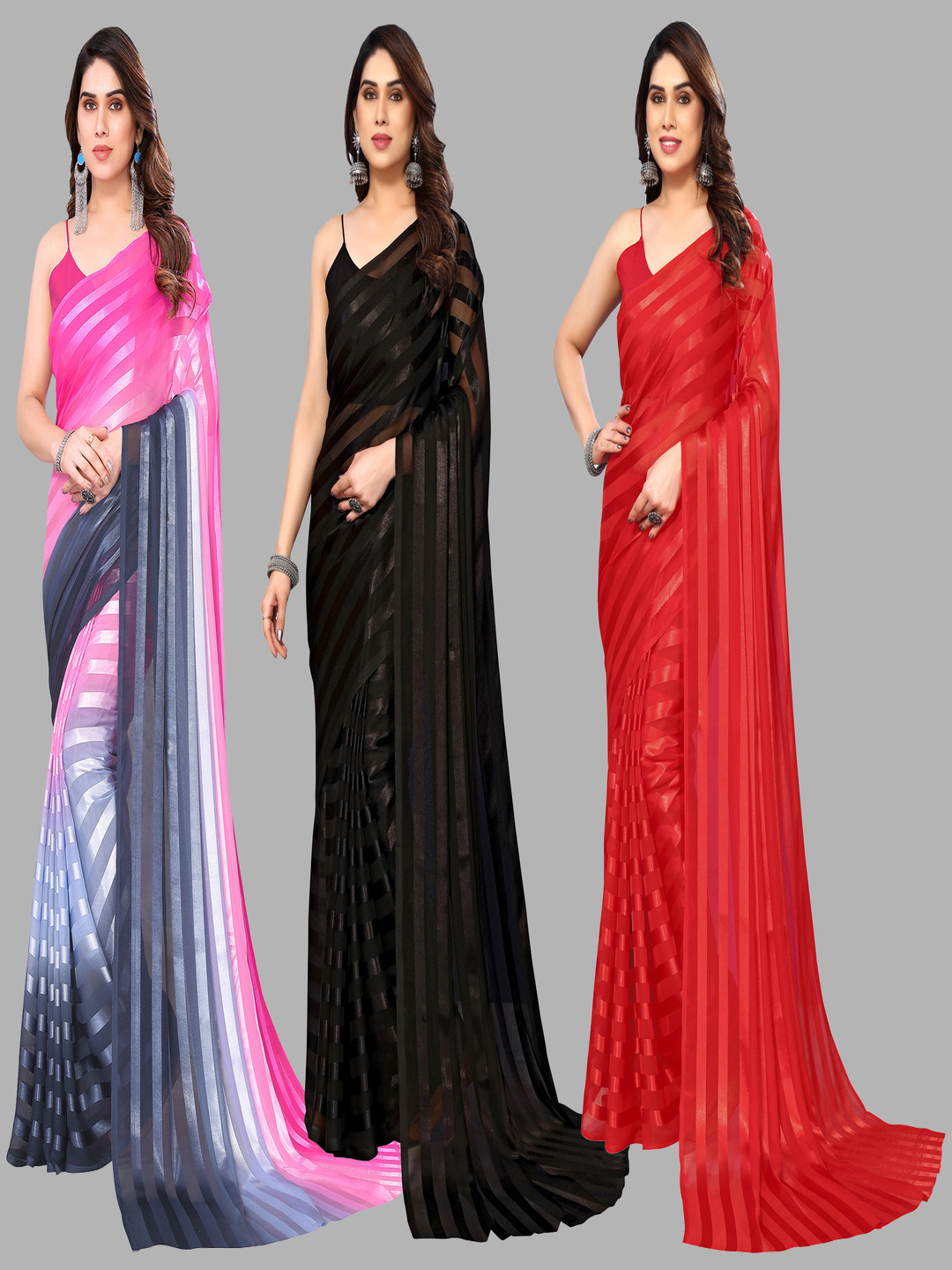 

ANAND SAREES Striped Satin Saree, Black