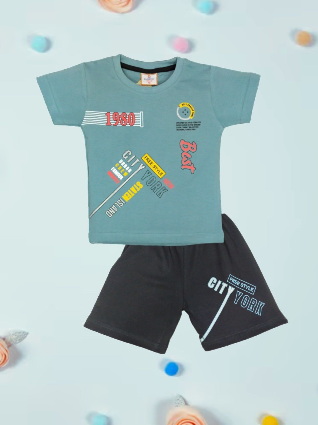 

FASHION GRAB Kids Printed Pure Cotton T-Shirt With Shorts, Green