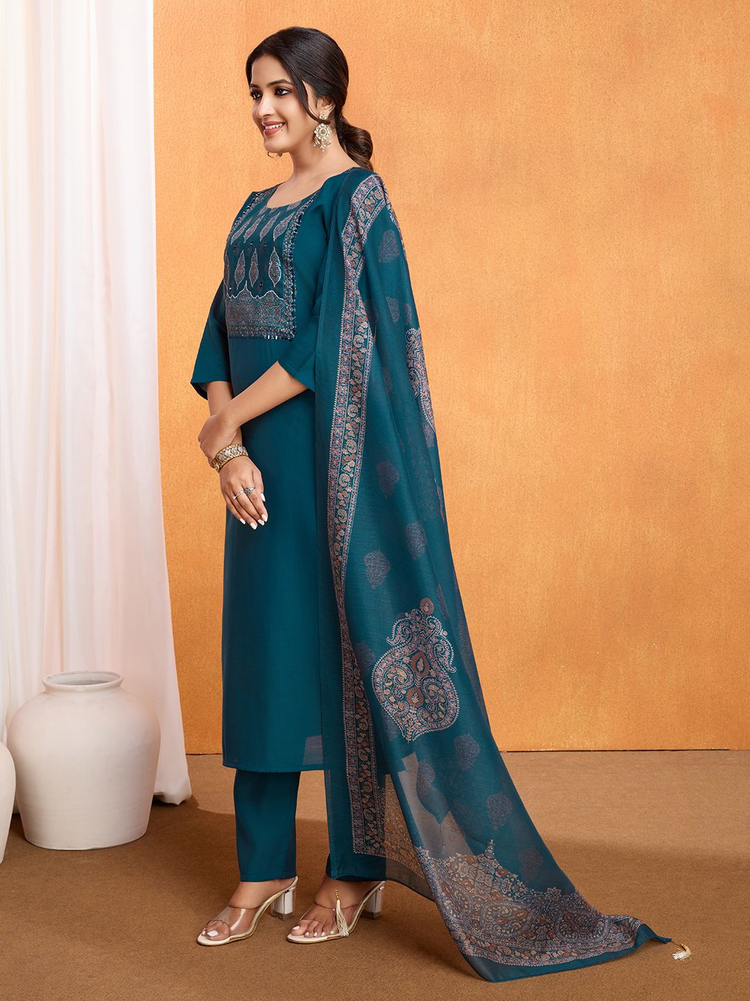 

Divyadham Textiles Thread Work Round Neck Straight Kurta With Trouser And Dupatta, Turquoise blue