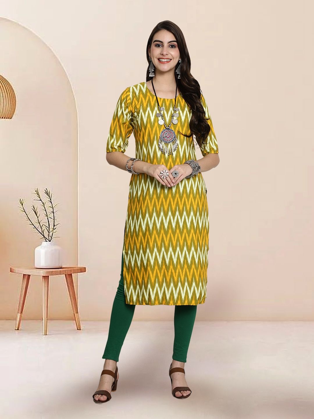 

7Threads Selection Of 4 Chevron Printed Round Neck Kurtas, Yellow