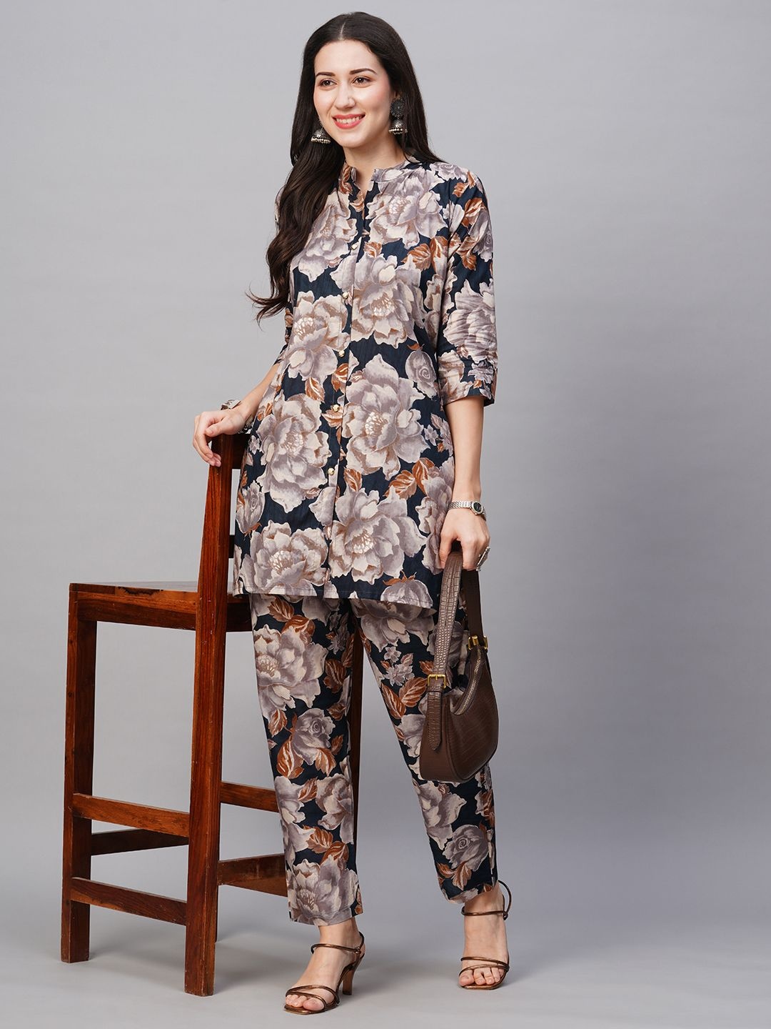 

Moda Rapido Floral Printed Mandarin Collar Pure Cotton Tunic With Trouser, Navy blue