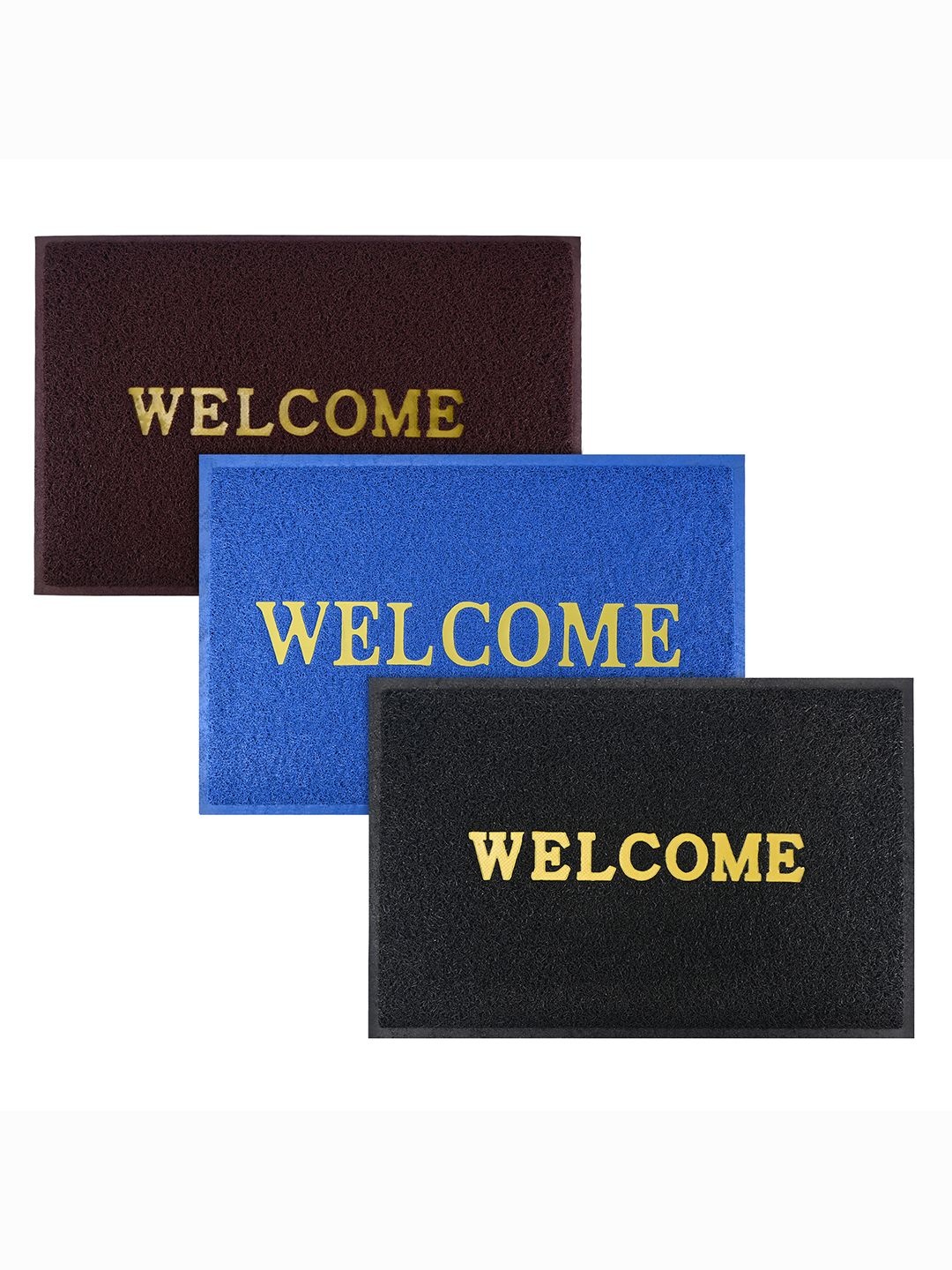 

Kuber Industries Blue & Brown 3 Pieces Applique Anti-Skid Rubber Doormats