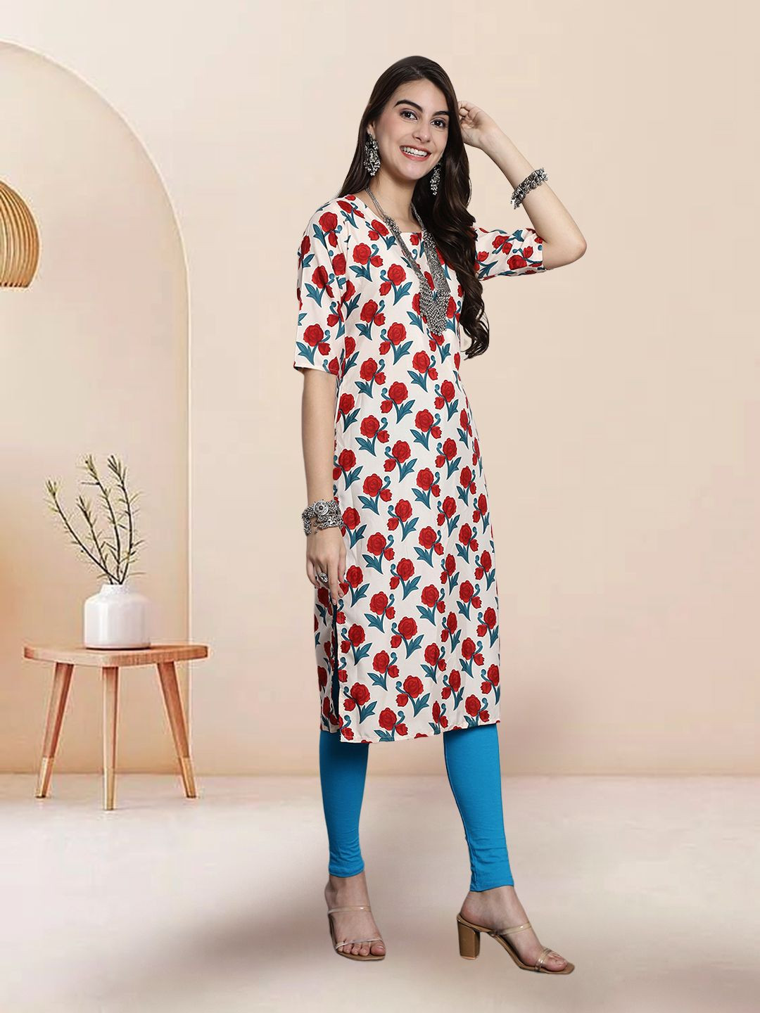 

7Threads Selection Of 2 Floral Printed Straight Kurtas, Red