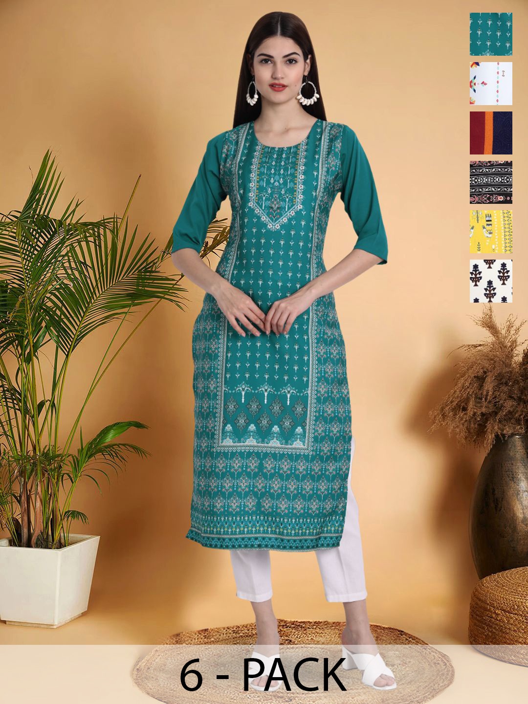 

7Threads Selection Of 6 Ethnic Motifs Printed Round Neck Kurtas, Teal