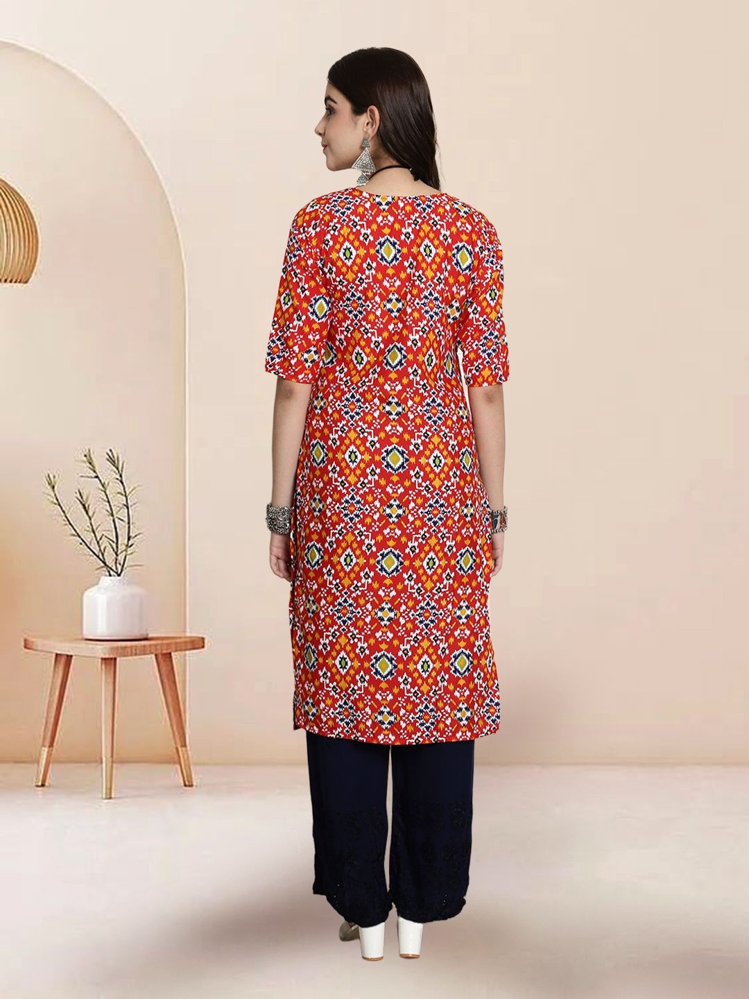 

7Threads Selection Of 3 Ethnic Motifs Printed Round Neck Straight Kurtas, Red