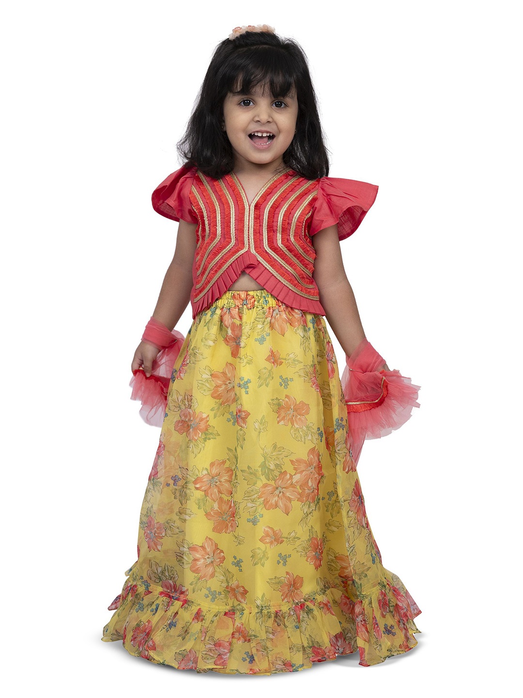 

Twisha Girls Embroidered V-Neck Ready to Wear Lehenga Choli, Coral