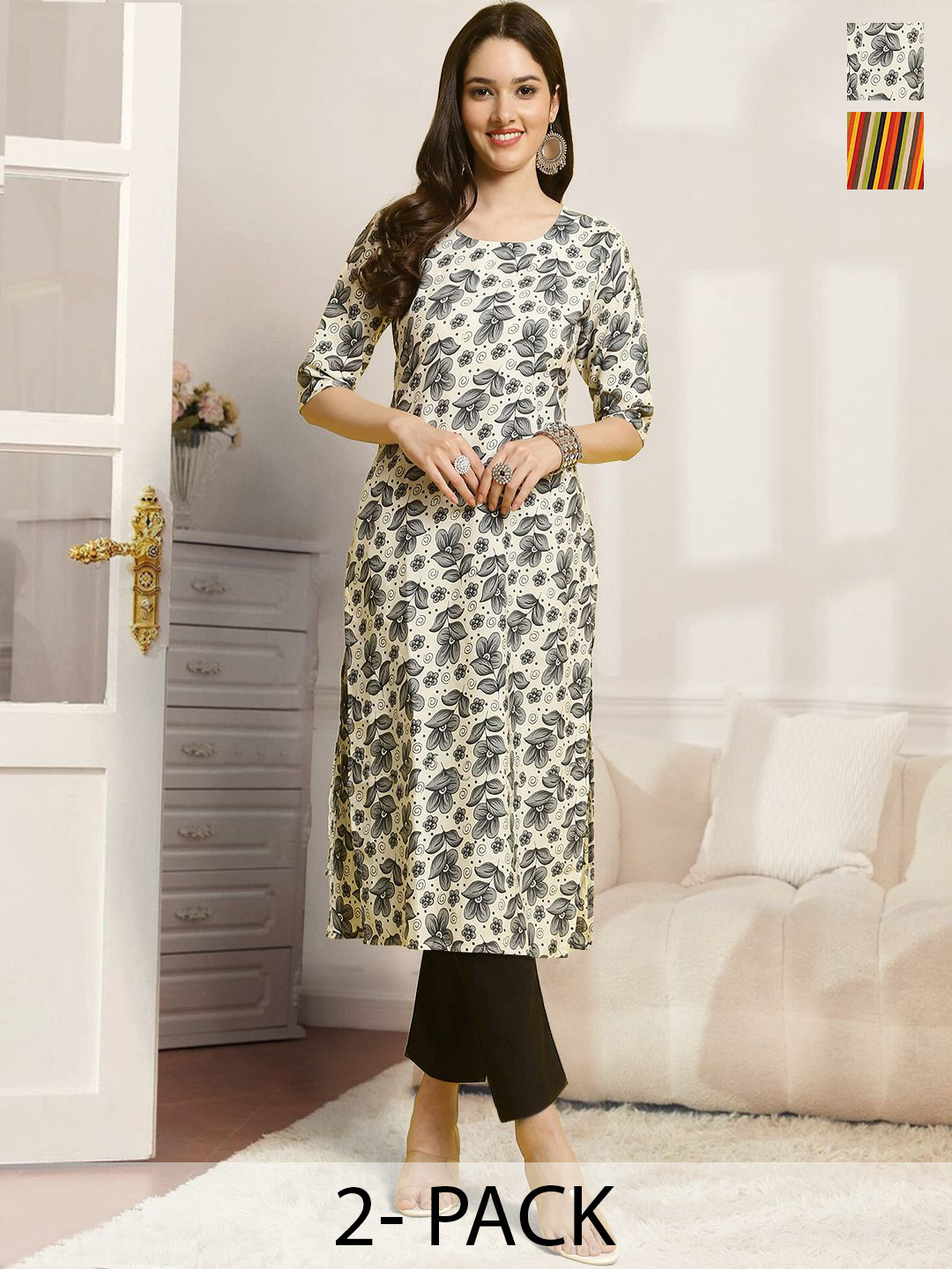 

7Threads Selection Of 2 Floral Printed Straight Kurtas With Trousers, Off white