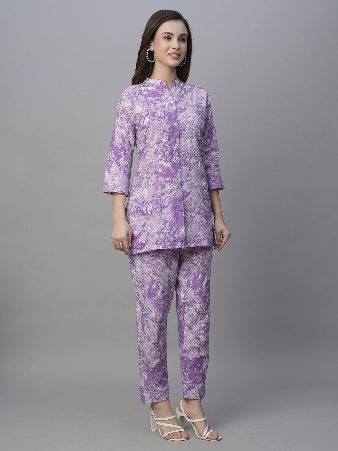 

Moda Rapido Floral Printed Mandarin Collar Pure Cotton Tunic With Trouser, Purple
