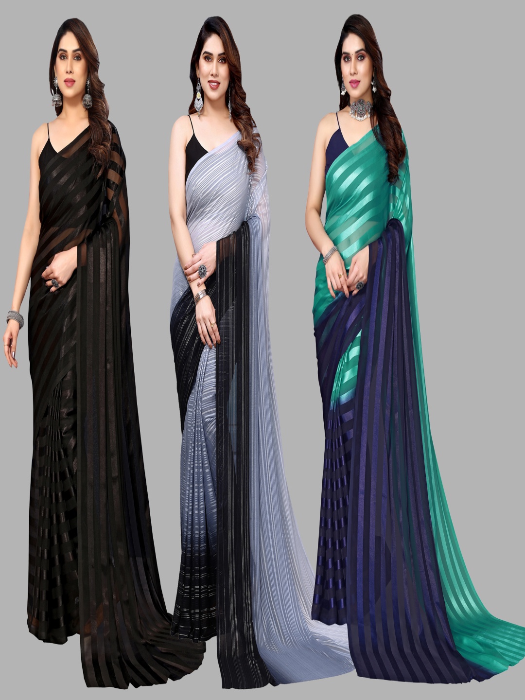

ANAND SAREES Striped Satin Saree, Black