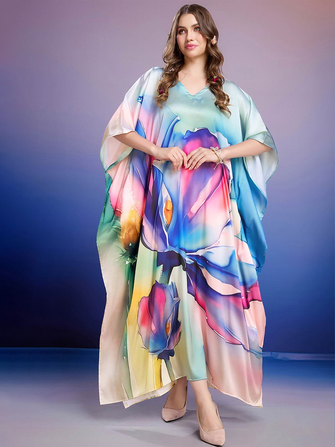 

LABEL AARNA Blue Petal Grace Soft Satin Kaftan with Digital Print