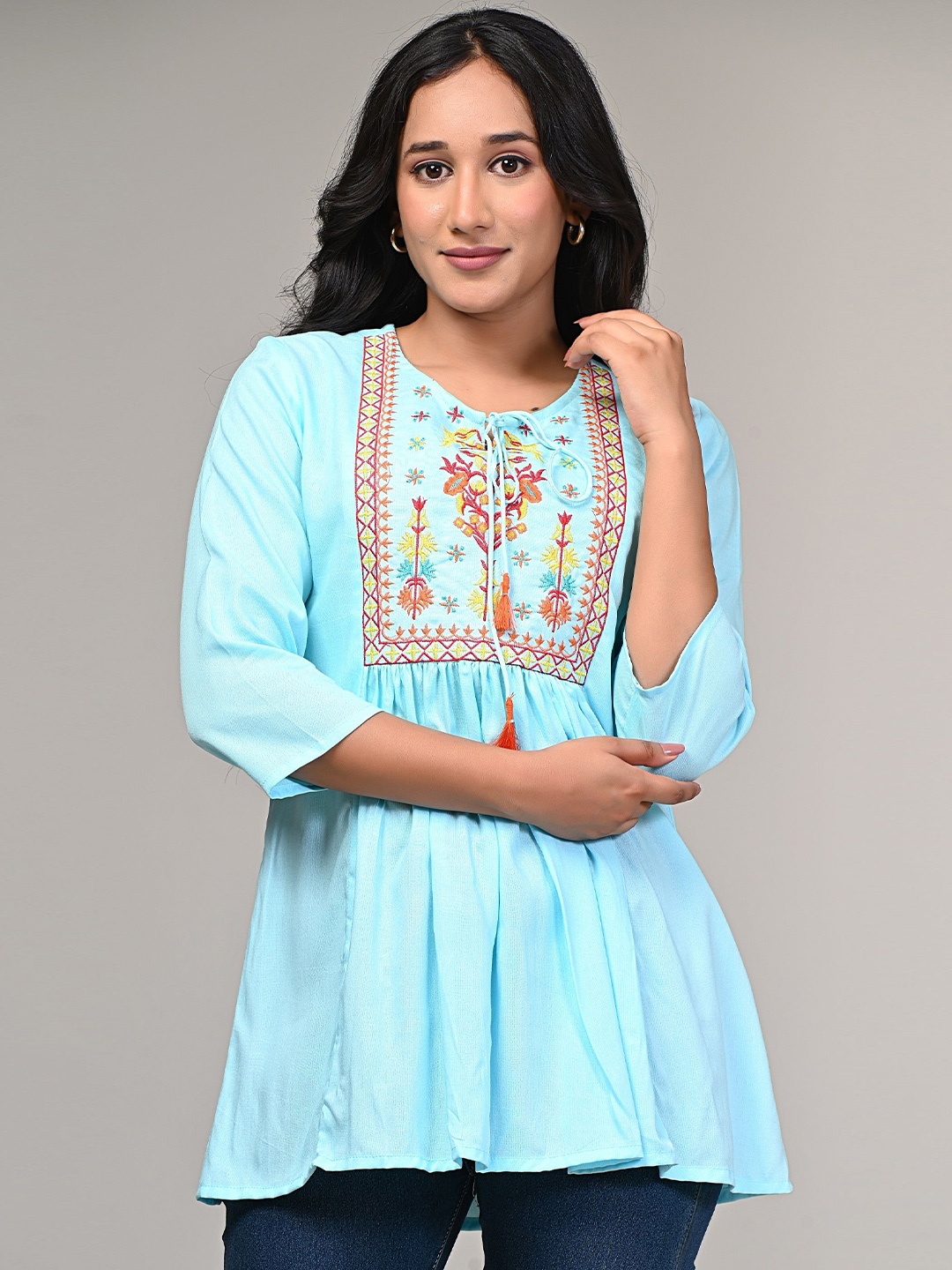 

SAADGEE Women Embroidered Cotton A-Line Top, Blue