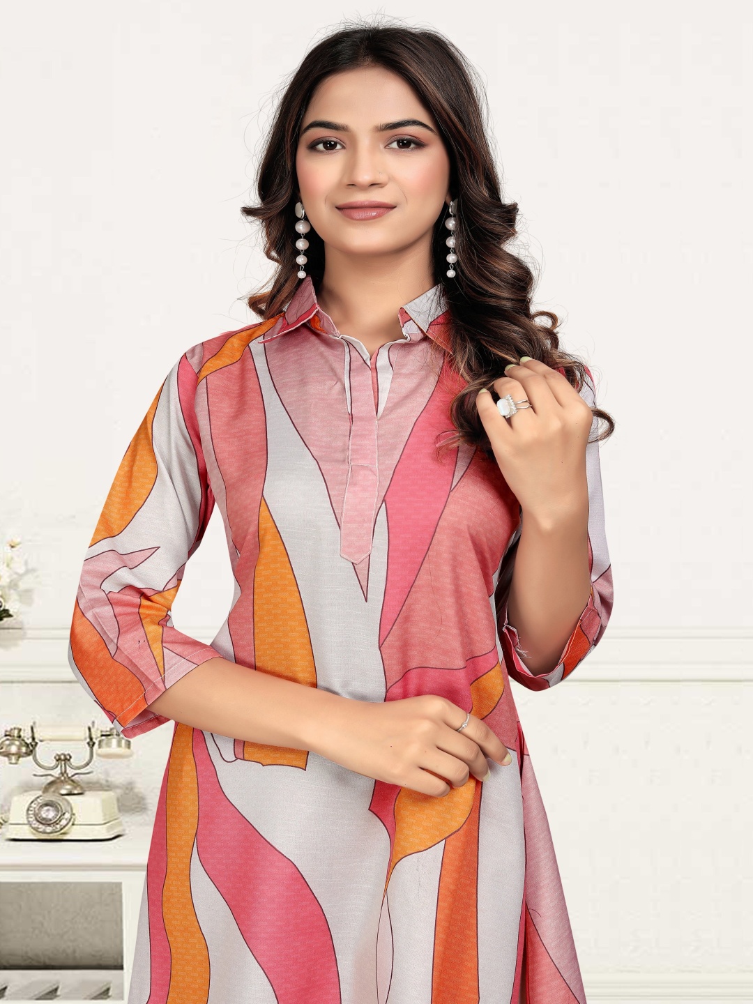 

A TO Z CART Abstract Printed Shirt Collar A-line Kurta With Trouser, Grey