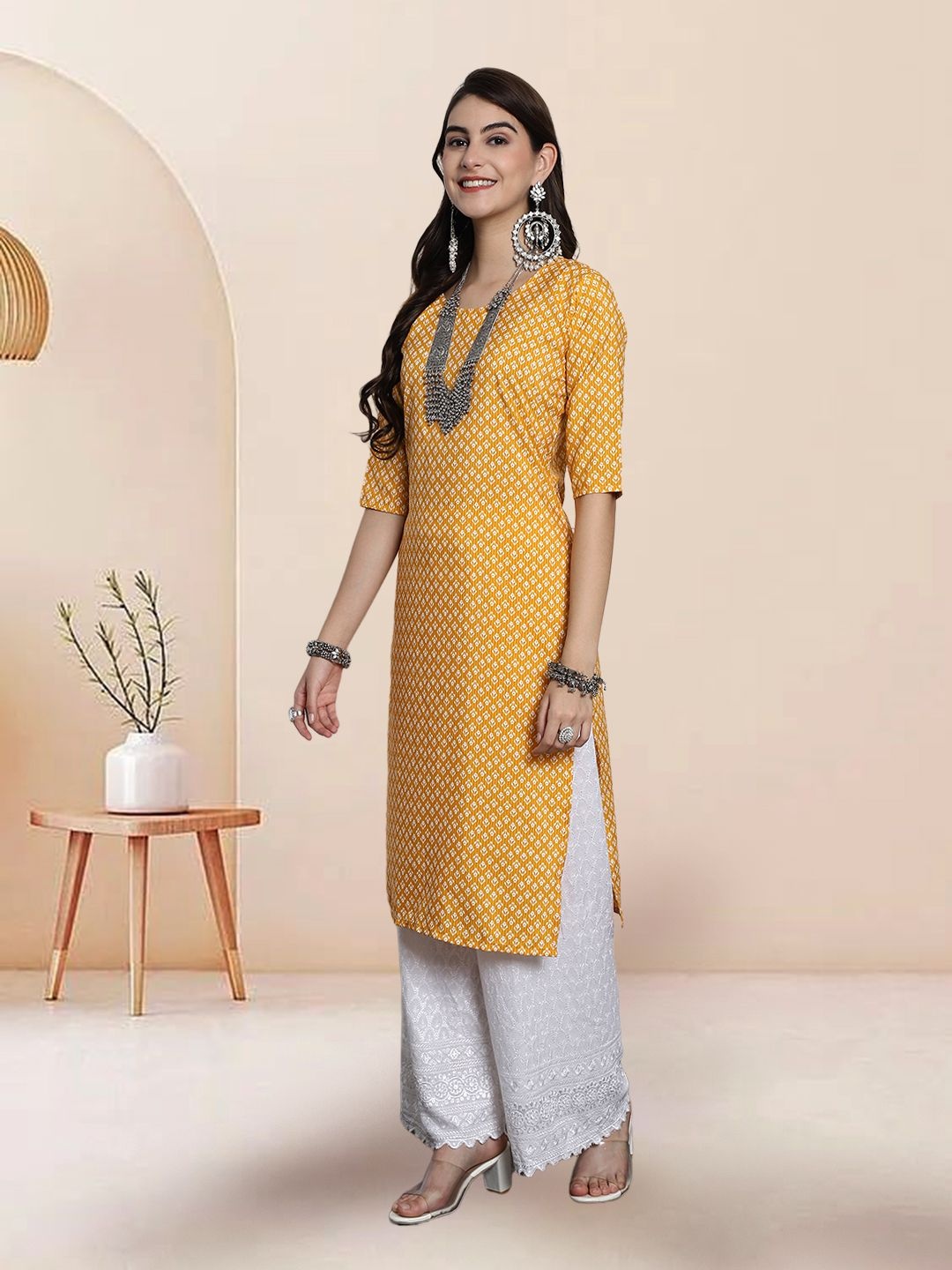 

7Threads Selection of 3 Floral Printed Round Neck Straight Kurtas, Yellow