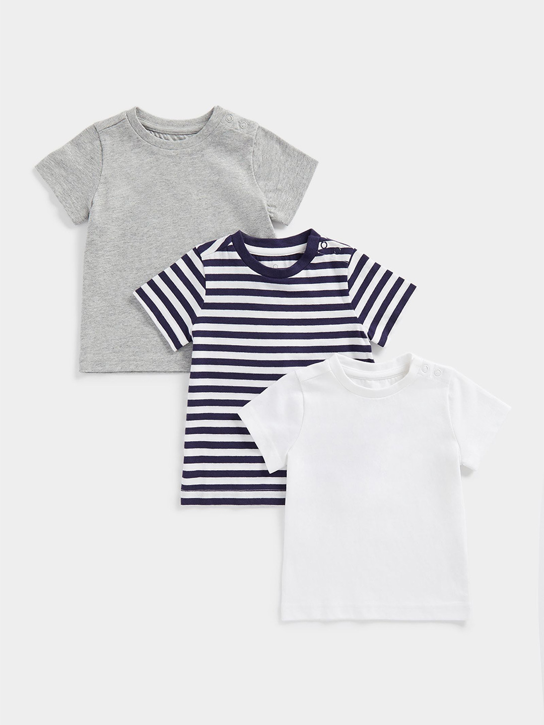 

mothercare Boys Pack Of 3 Striped Round Neck Pure Cotton T-shirts, Grey