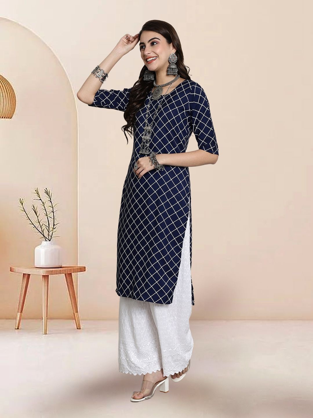 

7Threads Selection of 2 Geometric Printed Round Neck Straight Kurtas, Navy blue