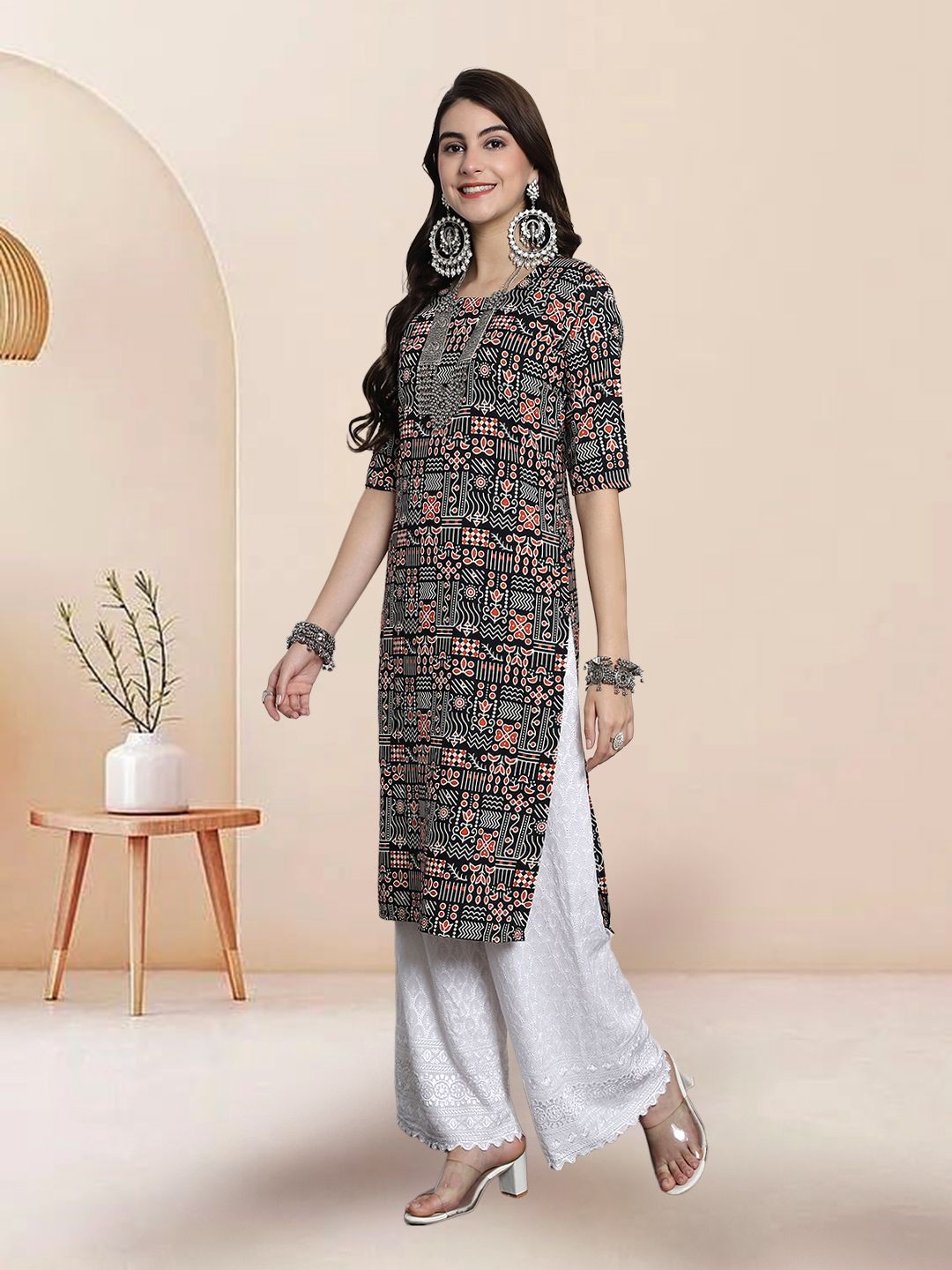 

7Threads Selection Of 3 Ethnic Motifs Printed Round Neck Straight Kurtas, Black