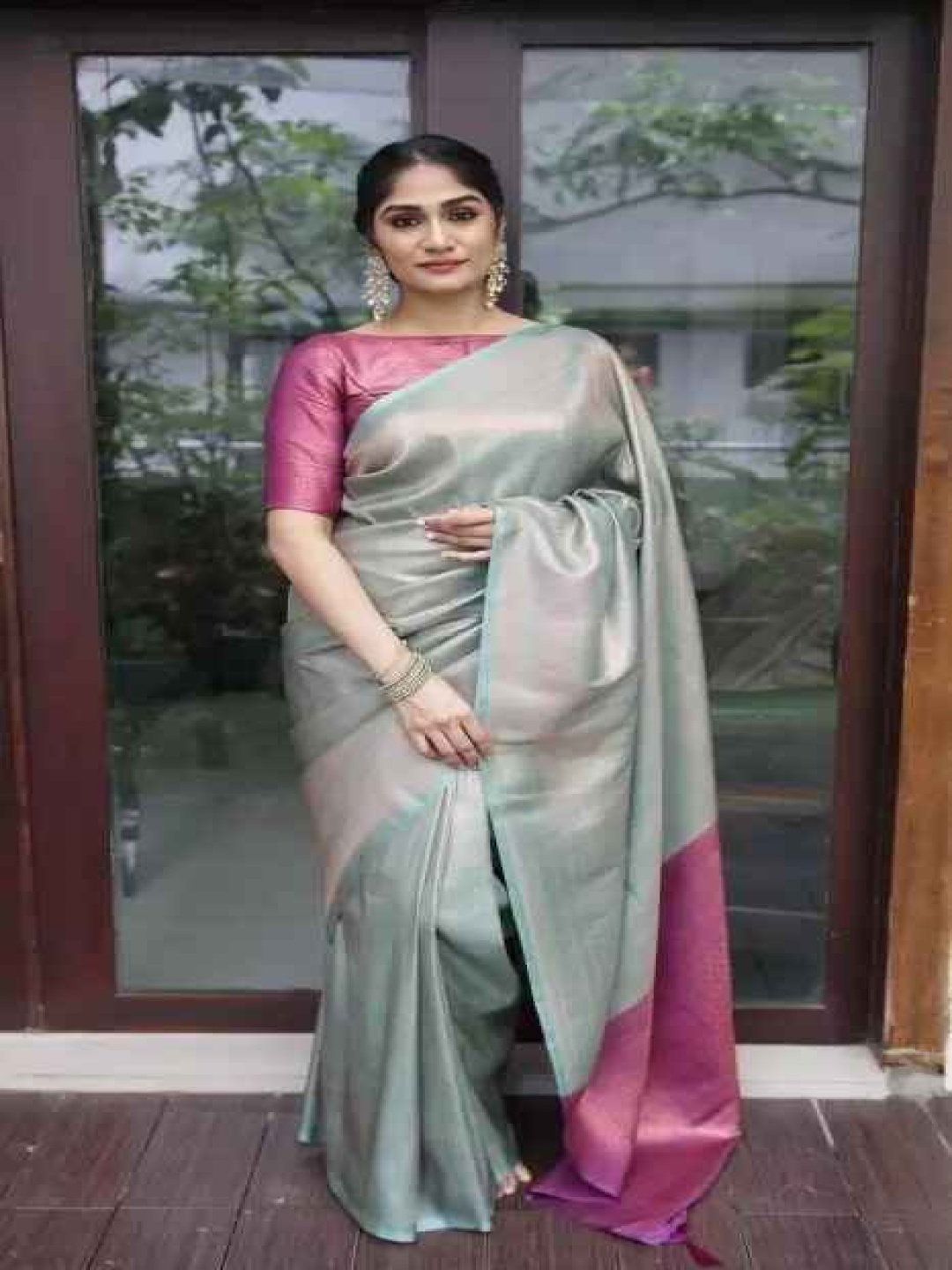 

KALINI Woven Design Zari Silk Blend Kanjeevaram Saree, Blue